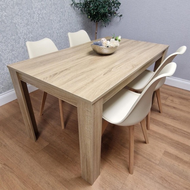 Dining Table Set Oak Effect Table With 4 Cream Plastic Chairs Dining Room Furniture Cream One Size 5