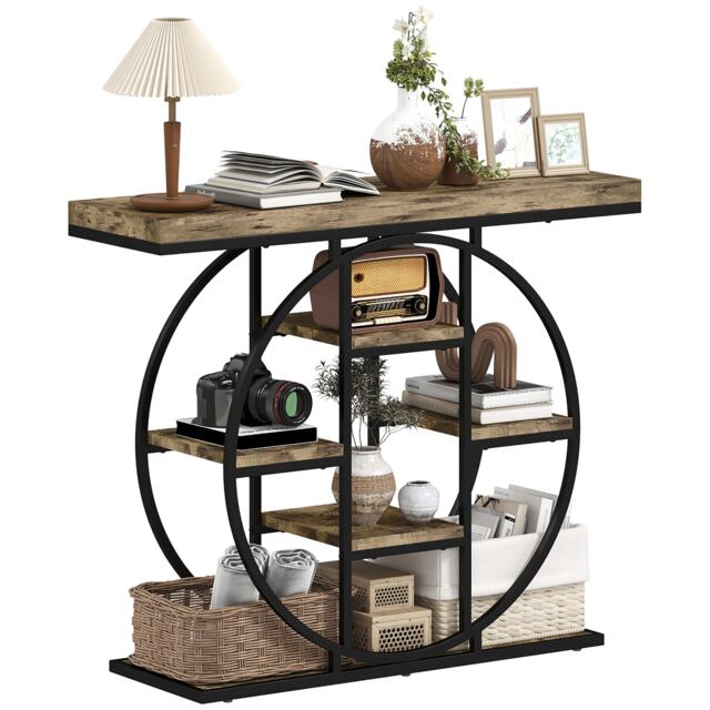 HOMCOM Industrial Console Table, Hallway Table with Storage Shelves and Circle Steel Frame for Living Room, Entryway, Rustic Brown