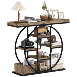 HOMCOM Industrial Console Table, Hallway Table with Storage Shelves and Circle Steel Frame for Living Room, Entryway, Rustic Brown
