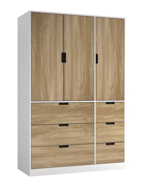RIGA 3 Door 6 Drawer Wardrobe White White & Oak 10 x 44.5 x 79 1