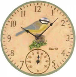 Marco Paul 30cm Blue Bird Design Garden Clock and Thermometer Blue