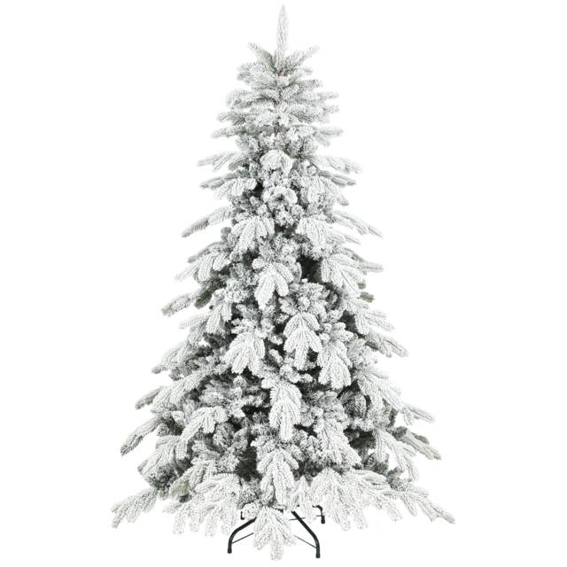 HOMCOM 6ft Artificial Christmas Tree, Snow Flocked Christmas Tree with Realistic Dense Branches, Hinged Design, Metal Stand, Wide Shape, Easy Assembly, Xmas Home Decoration, Green White Green Green