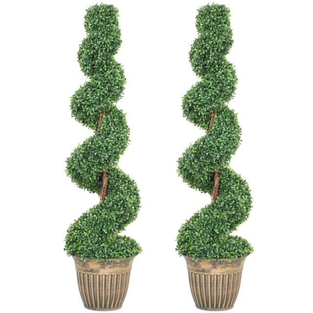 HOMCOM Set of 2 Potted Artificial Plants, Topiary Spiral Boxwood Trees Green Green One Size