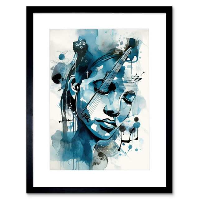 "Melody Muse a Musician's Vision Midnight Blue Watercolour 9x7"" Black Framed Wall Art Print"