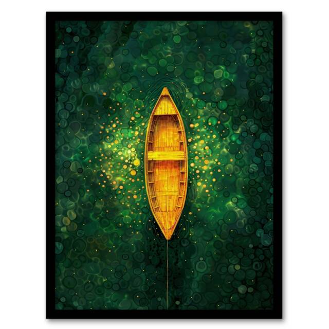 Emerald Green Cove Lake Cave Gold Sunlight Boat Black Framed Wall Art Print A4