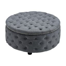 Living and Home Round Linen Deep Buttoned Ottoman with Studded Edge, Dark Grey