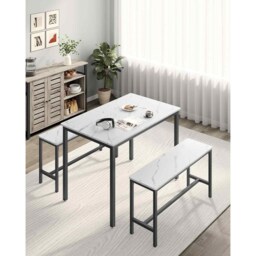 Dining Table and Bench Set, 3 Piece Kitchen Furniture Set with Steel Frame, Marble White and Ink Black