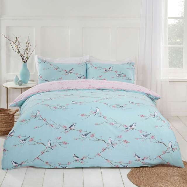 OHS Blossom Bird Duvet Cover and Pillowcase Set, King - Duck Egg Blue