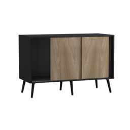 URBNLIVING Black Carcass 3 Door Sliding Storage Cabinet Multi Oak Doors & Black Legs 1