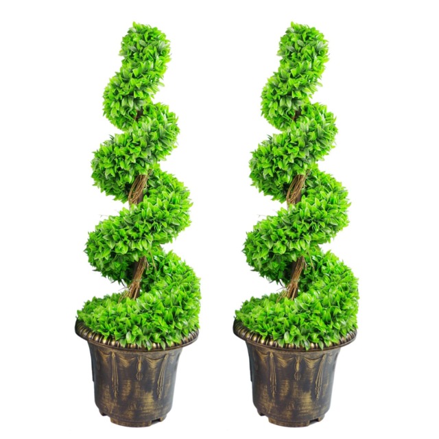 90cm Pair of Green Large Leaf Spiral Topiary Trees with Decorative Planters Green 3ft