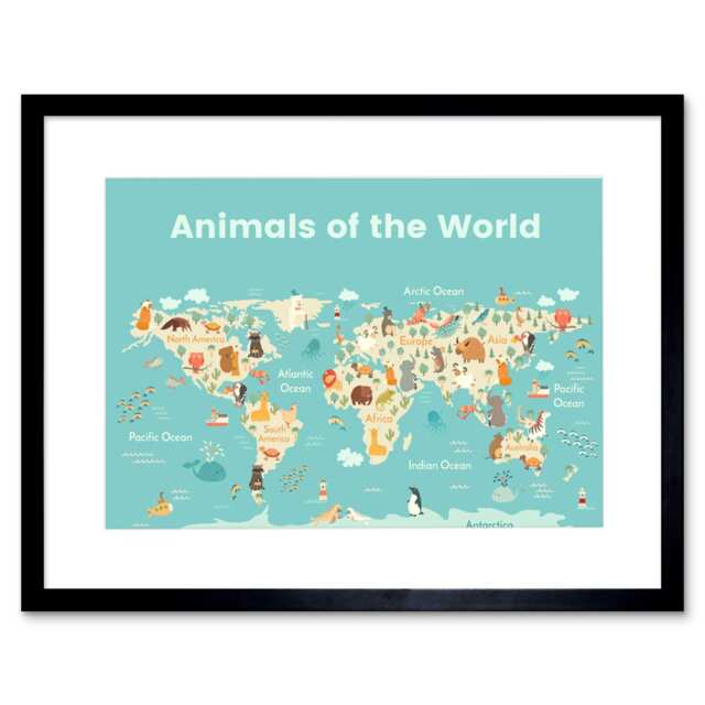 "Animals of World Map Continents Cartoon Kids Bedroom 9x7"" Black Framed Wall Art Print"
