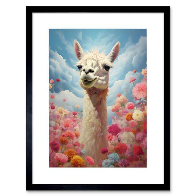 "Happy Llama Peeking Head Over Pink Flowers 9x7"" Black Framed Wall Art Print"