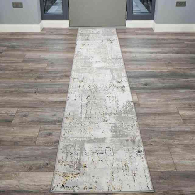 KUKOON Grey Gold Metallic Distressed Abstract Runner Rug 60cm x 240cm Grey