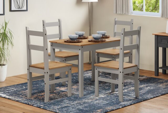 Mercers Furniture Corona Grey Wax Budget Dining Set Table & 4 Chairs Small Kitchen Solid Wood Pine Wooden with Mexican Styling