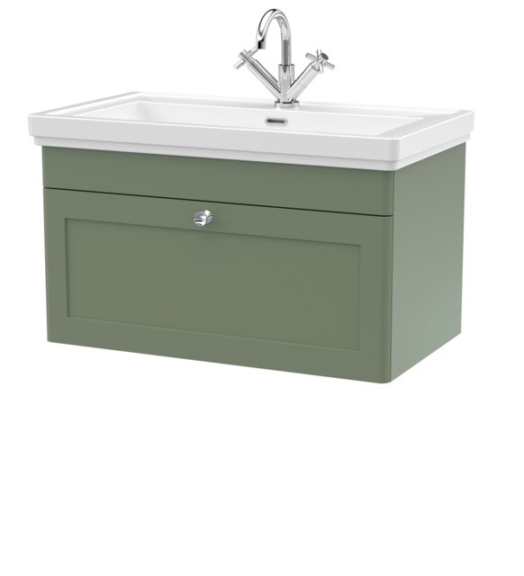 Balterley Classic Traditional Bathroom Wall Hung 1-Drawer Vanity Unit & Fireclay Basin Green Satin Green