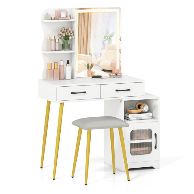 COSTWAY Makeup Dressing Table with Reversible Cabinet and 3 Light Colors
