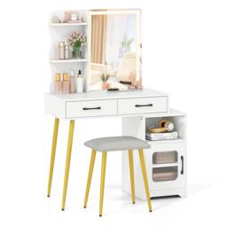 COSTWAY Makeup Dressing Table with Reversible Cabinet and 3 Light Colors
