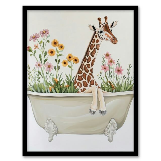 Boho Giraffe Bathtub Filled Flowers Bathroom Kids Black Framed Wall Art Print A4