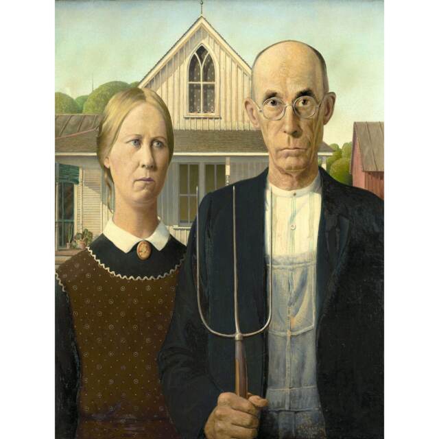 Grant Wood Midwest Farmer American Gothic Painting Large Wall Art Print 18x24 Inch Multi