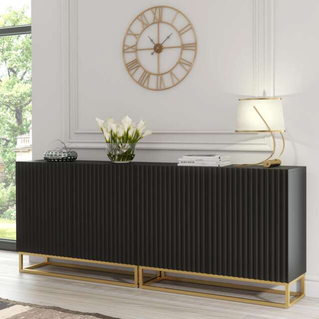 Sideboard Cabinet TV Unit Storage Cabinet Modular Black Fluted Doors Gold Legs 200cm