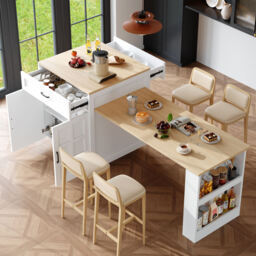 VILUXE Extendable Bar Table with Storage (133–202 × 70 × 93.5 cm), with Two Drawers and Four Compartments, Expandable Kitchen Island Table for 2–6 People, Kitchen Dining Cart with Side Shelves, White.