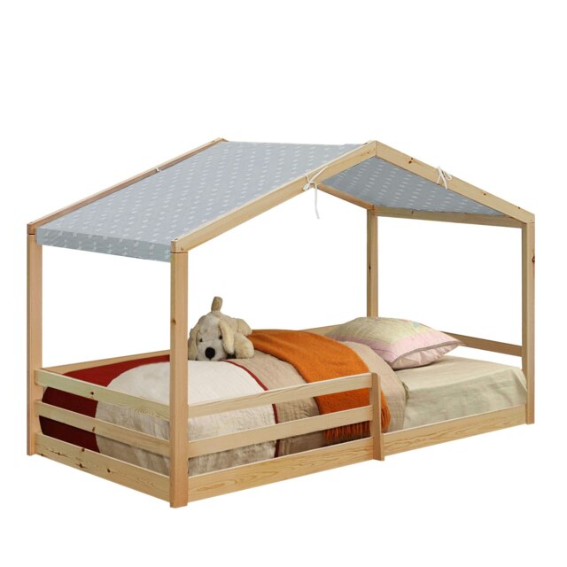 3ft Single Wooden House Bed In Pine With Grey Tent