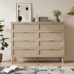 London Boutique Oak Finish Rattan 8-Drawer Chest of Drawers Particleboard Woven Storage Cabinet for Bedroom Living Room 120 x 41 x 94 cm 1 Pack