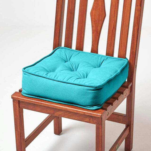 "Homescapes Teal Cotton Dining Chair Booster Cushion Green Teal 40cm x 40cm x 10cm (16"" x 16"" x 4"")"