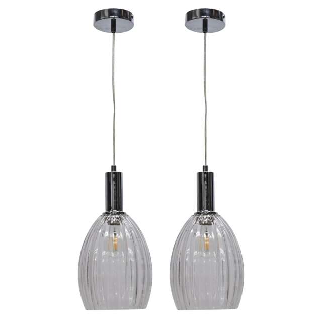 Set of 2 Birch - Clear Fluted Glass Chrome Deco Pendant Fittings