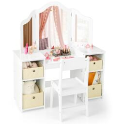 COSTWAY Kids Vanity Table & Chair Set Makeup Vanity White