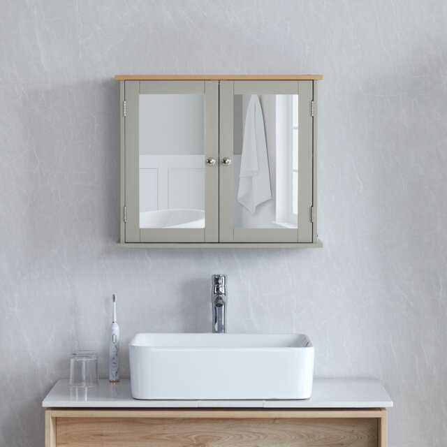 Bath Vida Priano 2 Door Mirrored Wall Mounted Bathroom Cabinet, Grey & Oak