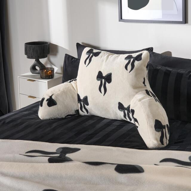 OHS Bows Cuddle Cushion Soft Fleece Reading Pillow White Mono