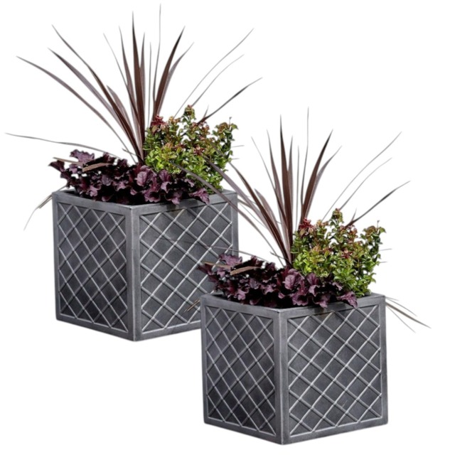 2x Square Lazio Planter 39cm Plastic Flower Pot Lattice Effect Slate Grey