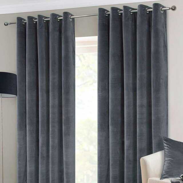 Homescapes Dark Grey Interlined Velvet Thermal Eyelet Curtain Pair - 66 x 72 Inches Grey Dark Grey
