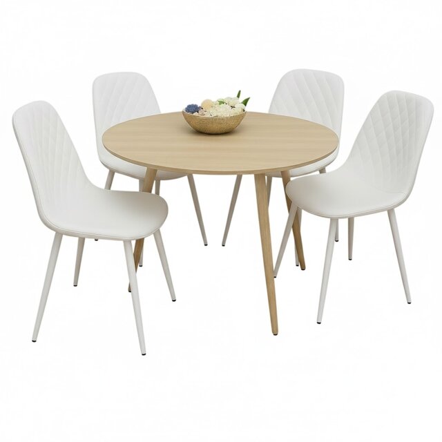 Modern Round Dining Table With 4 White Faux Leather Chairs Kitchen Furniture Set