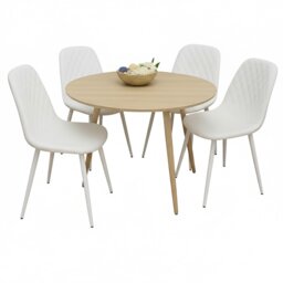 Modern Round Dining Table With 4 White Faux Leather Chairs Kitchen Furniture Set