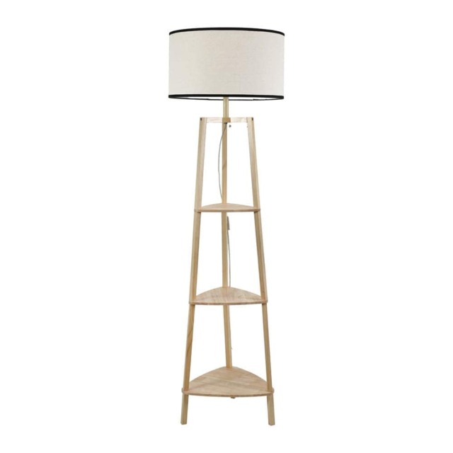 ValueLights Hiru Natural 3 Tier Shelf Floor Lamp Black Trim Shade and Bulb