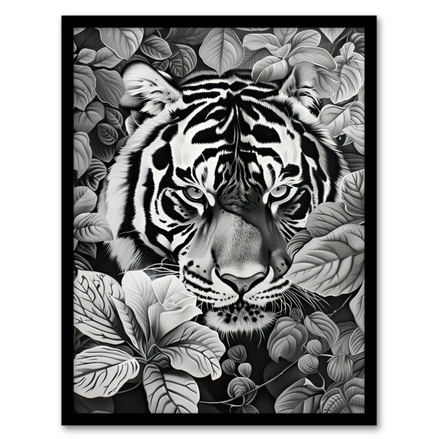 White Jungle Tiger Botanical Portrait Living Room Black Framed Wall Art Print A4