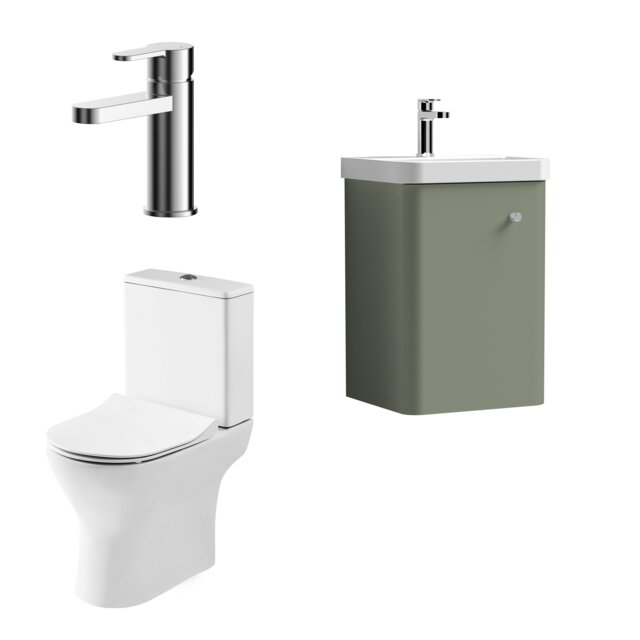 Balterley Contemporary Wall Hung 1 Door Bathroom Vanity Unit, Basin, Tap & Toilet Pack Green Satin Green 539 x 379 x 342mm