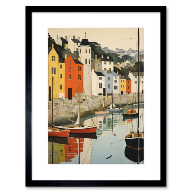 "Dartmouth Harbour Boats Watercolour Painting 9x7"" Black Framed Wall Art Print"