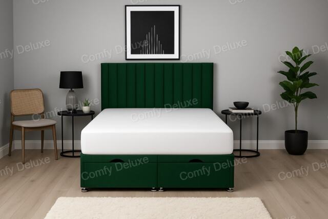 Ottoman Apollo Green Plush Foot Lift Divan Bed 2ft6 Small Single with Mattress and Headboard