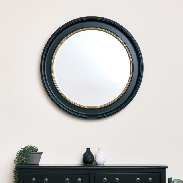 Large Round Black & Gold Wall Mirror - 80cm X 80cm
