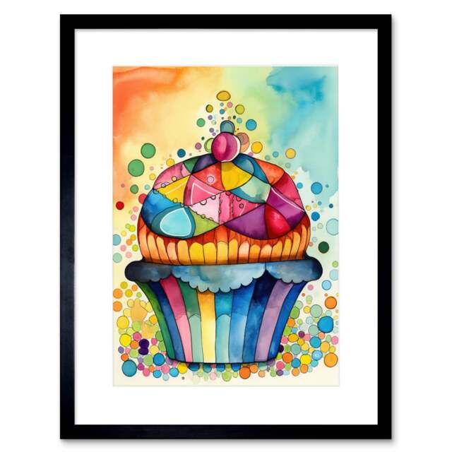 "Cupcake Colourful Frosting Watercolour Folk Art Kitchen 9x7"" Black Framed Wall Art Print"