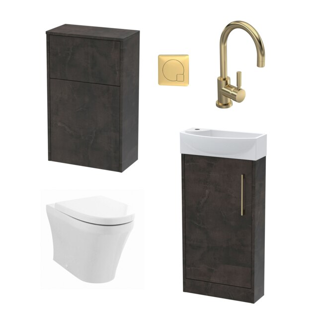 Cloakroom Suite - Right Hand 440mm Vanity, WC Unit, Toilet and Tap - Slate/Brass Multi
