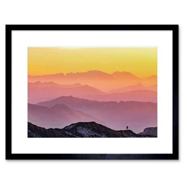 "Misty Mountain Beautiful Sunrise Panorama 9x7"" Black Framed Wall Art Print"