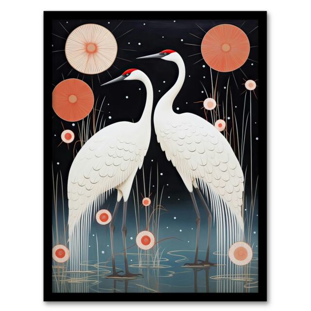 Japanese Cranes Oil Floral Pink White Birds Black Framed Wall Art Print A4