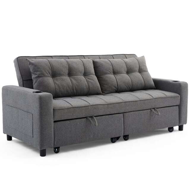Hudson 3-Seater Sofa Bed Linen Fabric w Cupholders (Grey) Grey Three Seater