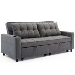 Hudson 3-Seater Sofa Bed Linen Fabric w Cupholders (Grey) Grey Three Seater