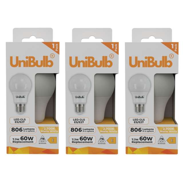 UniBulb LED GLS E27 Edison Screw (ES) 806lm 7.3W (Replaces 60W) 2700K (Warm White) Light Bulb - Pack of 3