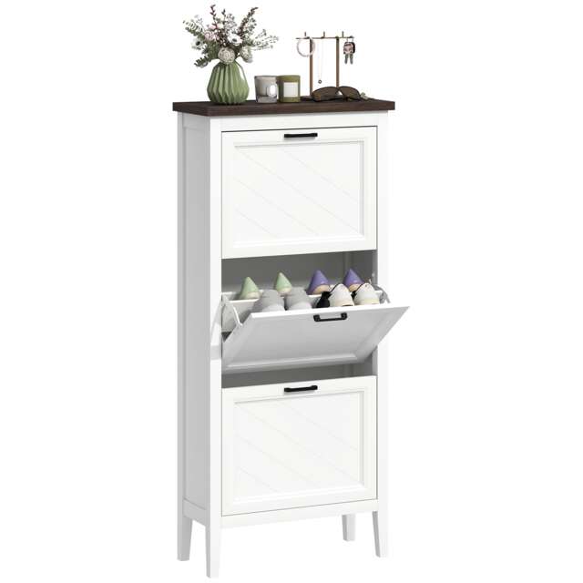 HOMCOM Shoe Cabinet with 3 Flip Drawers, Narrow Shoe Storage Cabinet, White